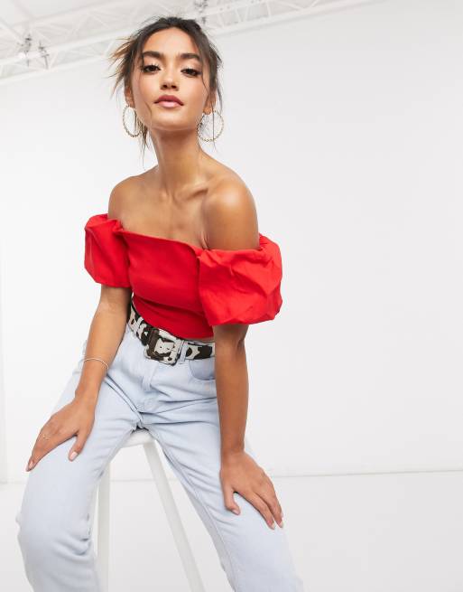 Vesper bardot crop top with puff sleeve co ord in red ASOS