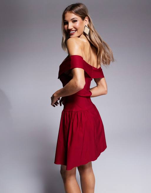 Vesper Bardot Foldover Skater Mini Dress in burgundy Red