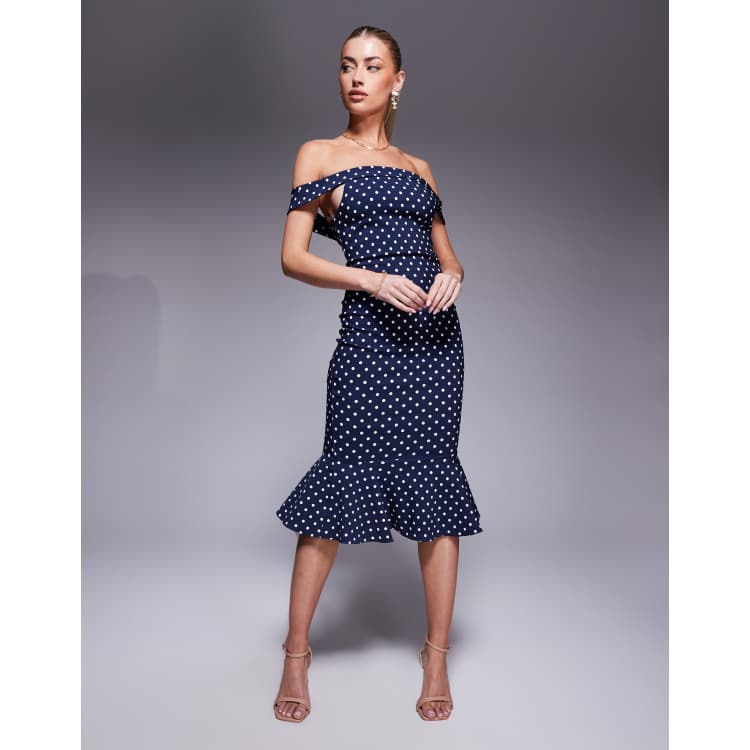bardot frill hem midi dress Vesper bardot frill hem midi dress in navy polka dot
