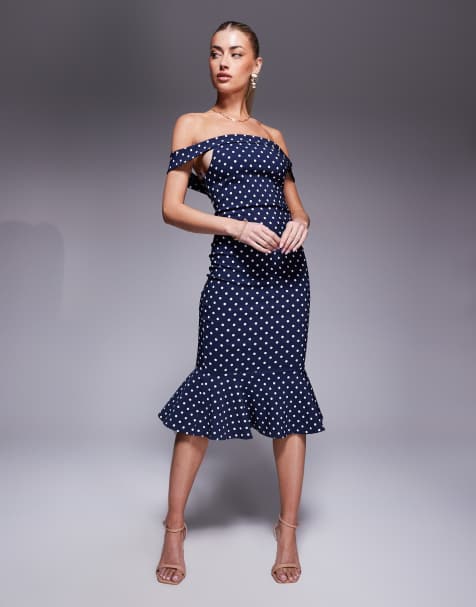Vesper bardot frill hem midi dress in navy polka dot 