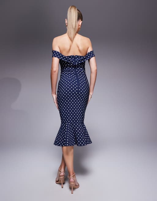 Vesper bardot frill hem midi dress in navy polka dot , 3 of 4