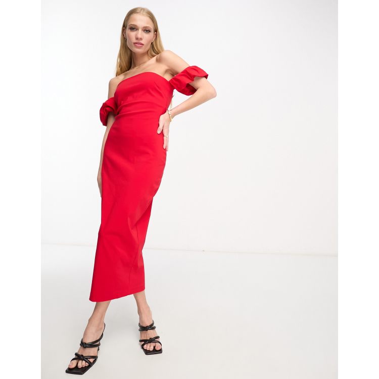 Vesper bardot frill sleeve maxi dress in red