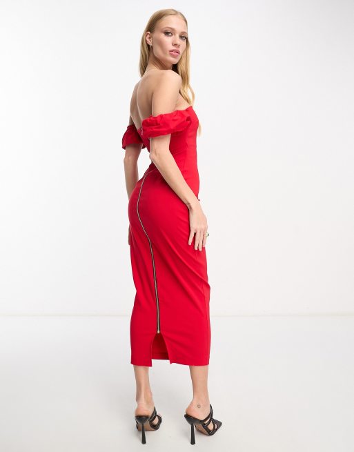 Vesper bardot frill sleeve maxi dress in red