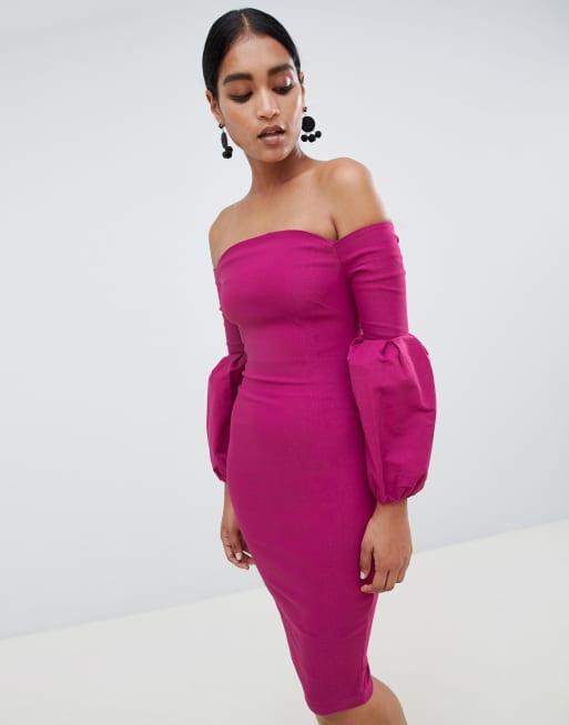 Vesper - Bardot-kokerjurk met pofmouwen