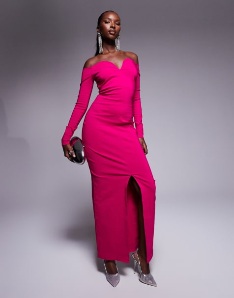 Vesper Bardot long sleeve maxi dress in cerise