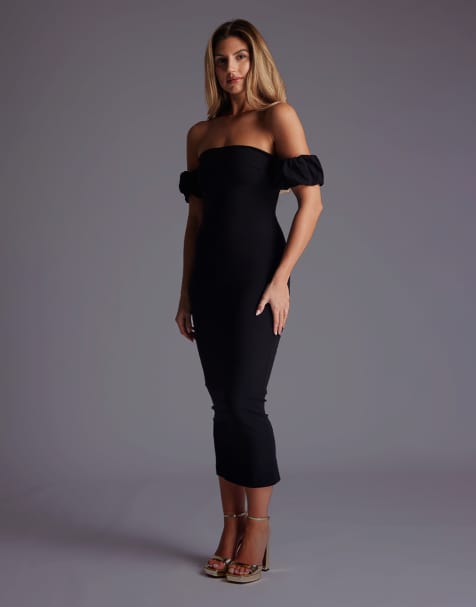 Vesper Bardot midaxi dress with puff sleeves in black - view 1