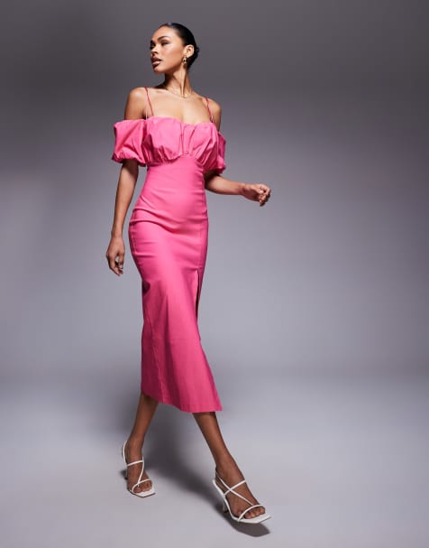 Vesper Bardot midaxi dress with puff sleeves in pink