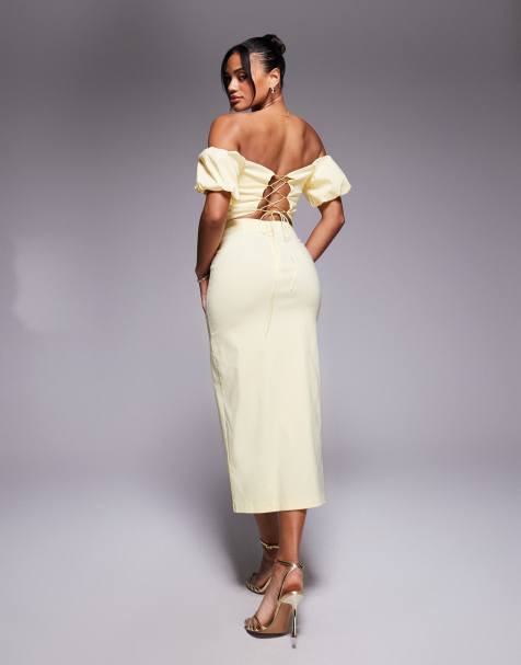 Vesper Bardot puff sleeve midaxi dress with lace up back in lemon in lemon - view 1
