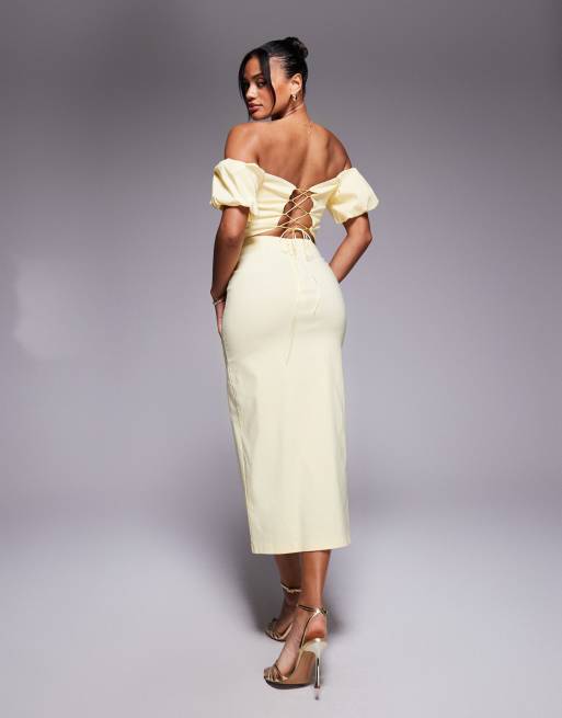 Vesper Bardot puff sleeve midaxi dress with lace up back in lemon in lemon