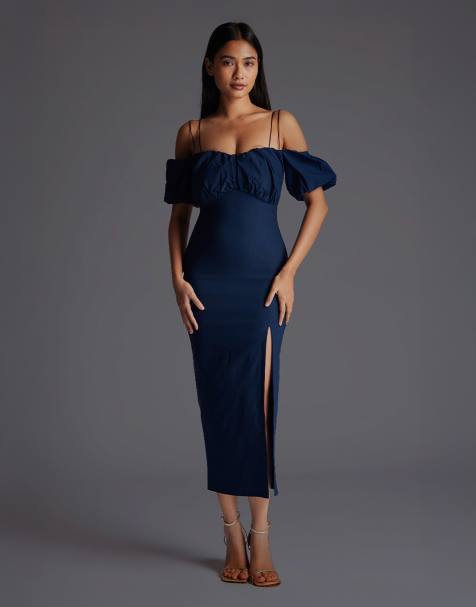Vesper Bardot ruched midaxi dress with short sleeve in navy - view 1