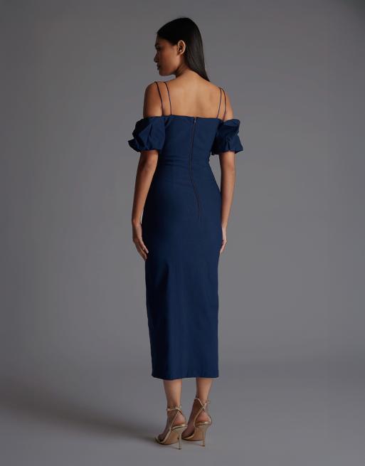 Vesper Bardot ruched midaxi dress with short sleeve in navy, 2 of 4