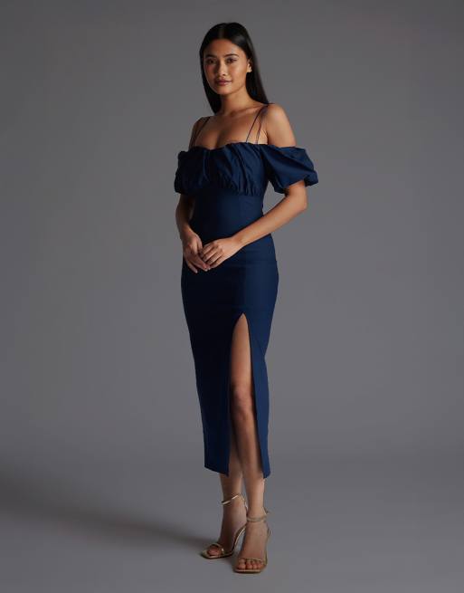 Vesper Bardot ruched midaxi dress with short sleeve in navy, 4 of 4