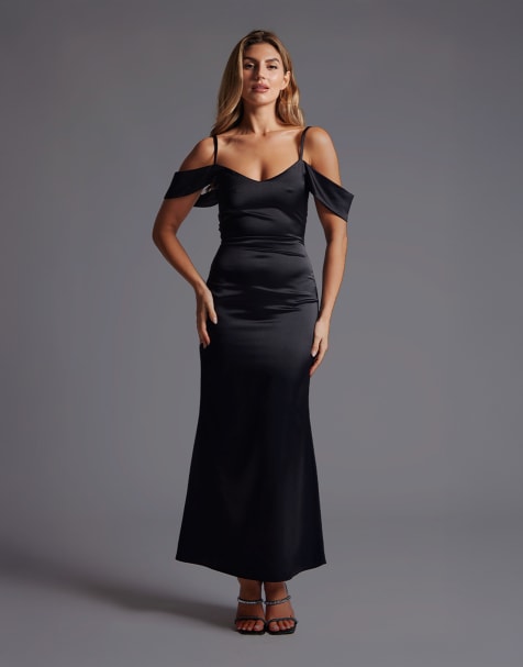 Vesper Bardot satin maxi dress in black - view 1