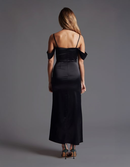 Vesper Bardot satin maxi dress in black, 2 of 4