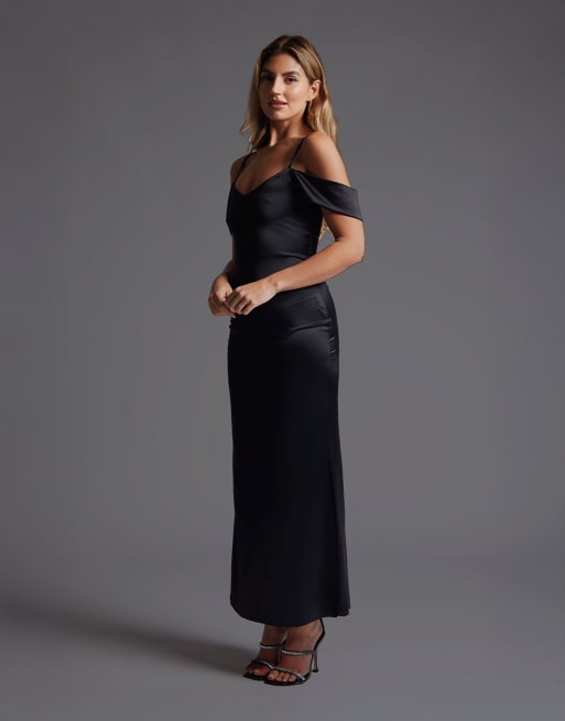 Vesper Bardot satin maxi dress in black, 4 of 4
