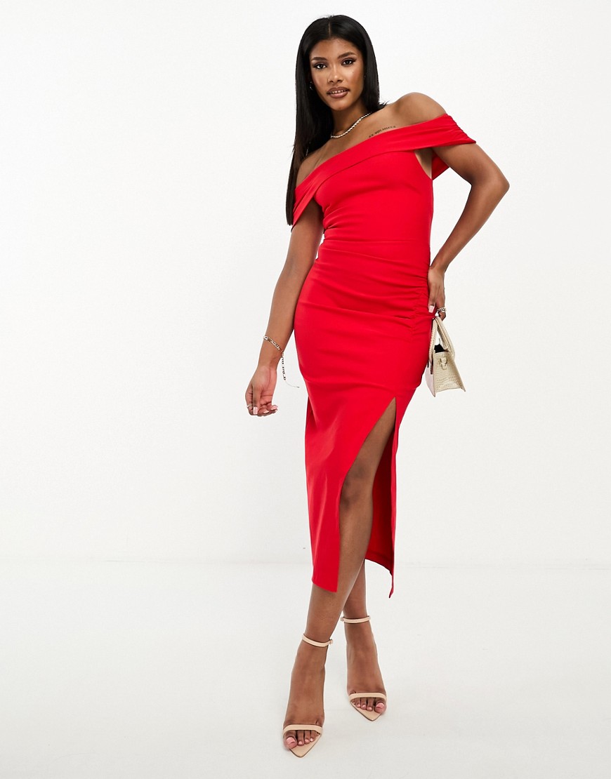 Vesper Bardot Thigh Split Midi Dress In Red