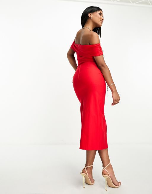 Black/Red Bardot Midi Wedding Guest Dress | SilkFred US