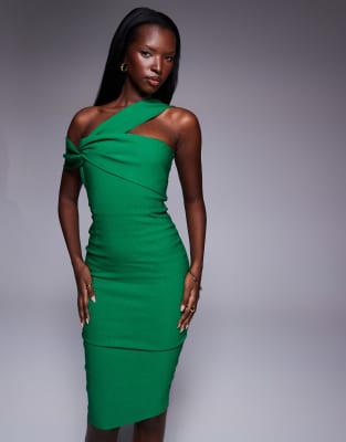 Vesper Bardot Twist Strap Boycon Midi Dress In Green