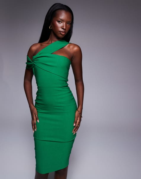 Vesper Bardot twist strap boycon midi dress in emerald
