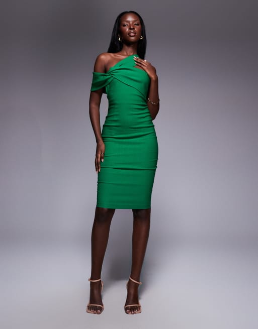 Vesper Bardot twist strap boycon midi dress in emerald, 3 of 4