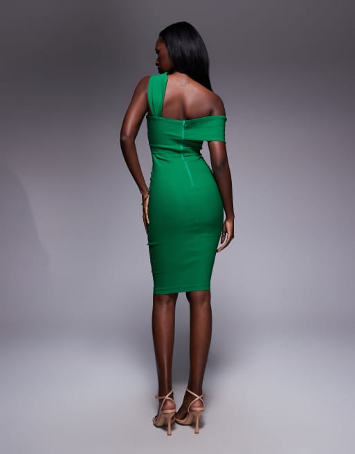 Vesper Bardot twist strap boycon midi dress in emerald, 4 of 4