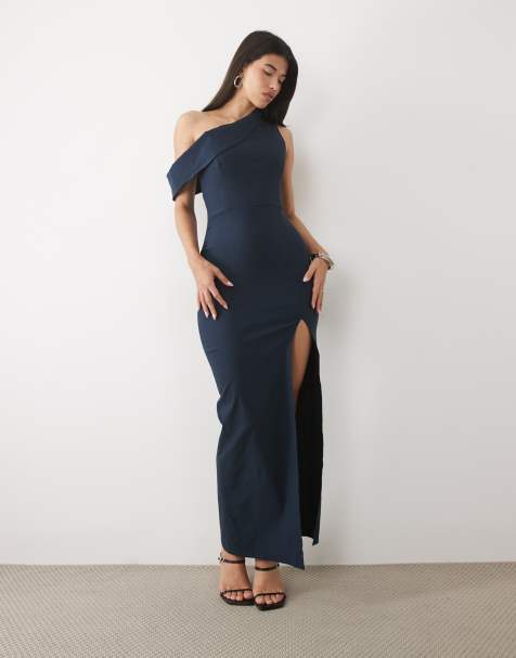 Vesper Bengalin-Maxikleid mit asymmetrischem Drapé, schulterfrei und hohem Beinschlitz in Marineblau - view 1