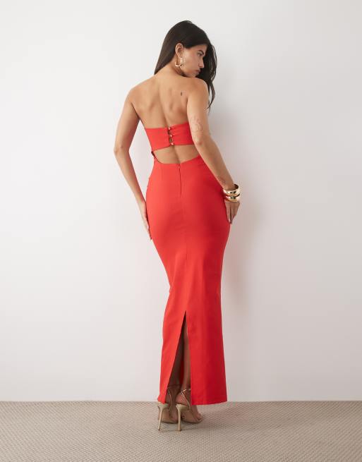Vesper bengaline bandeau back cut out detail maxi dress in red, 3 of 4