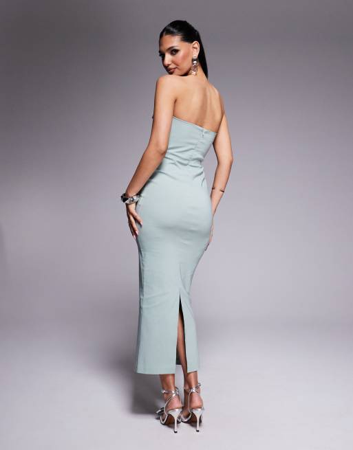 Vesper bengaline bandeau bow detail bodycon midaxi dress in sage, 4 of 4