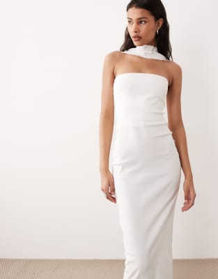 Vesper Bengaline Bandeau Choker Back Button Detail Maxi Dress In White