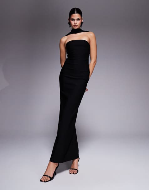 Vesper bengaline bandeau choker detail back button detail maxi dress in black