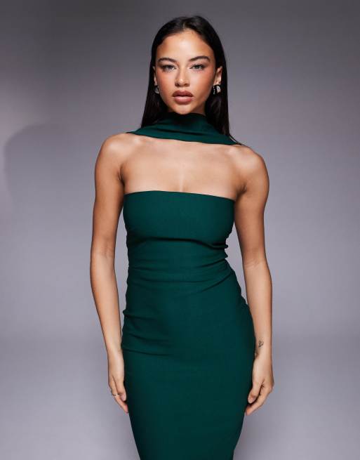Vesper bengaline bandeau choker detail back button detail maxi dress in forest green, 2 of 4
