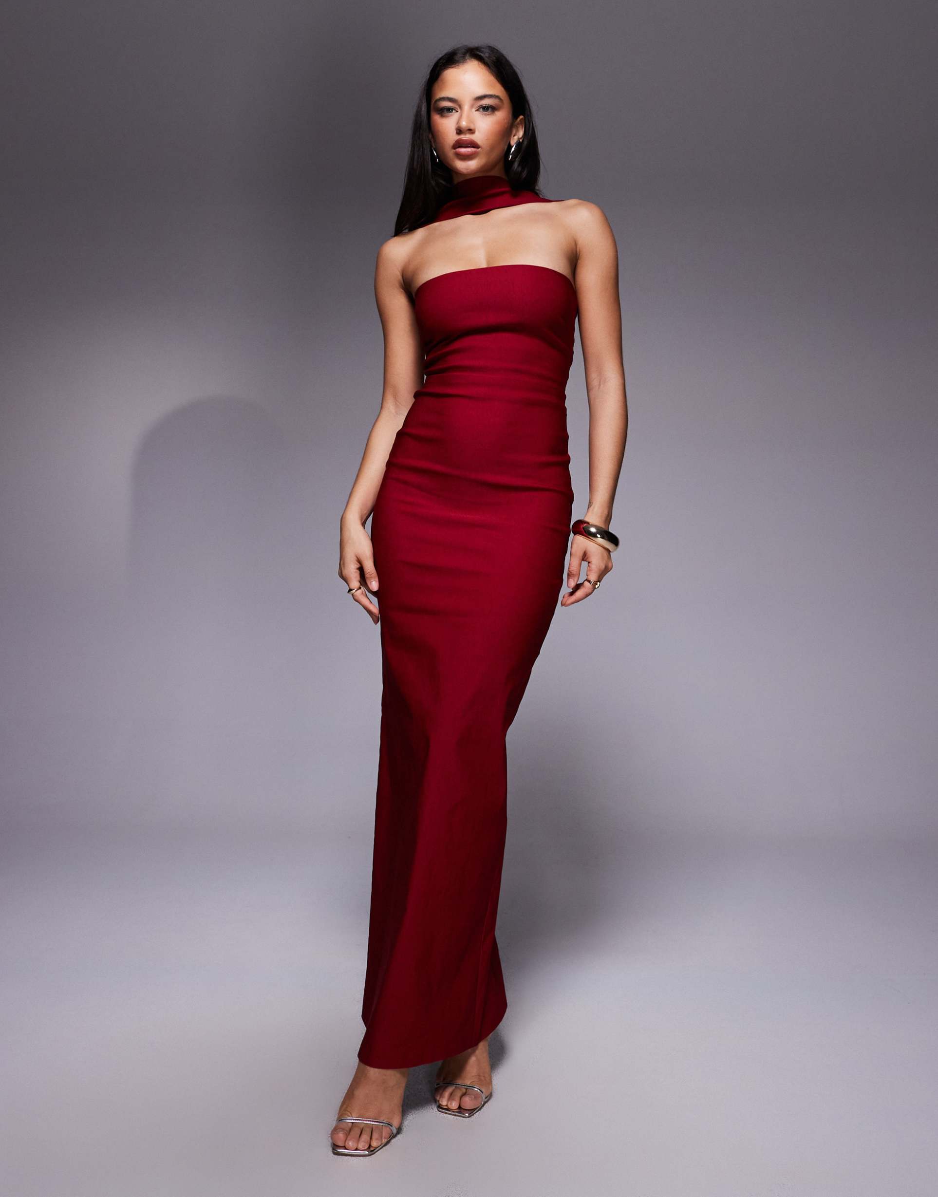 vesper bengaline bandeau choker detail back button detail maxi dress in wine