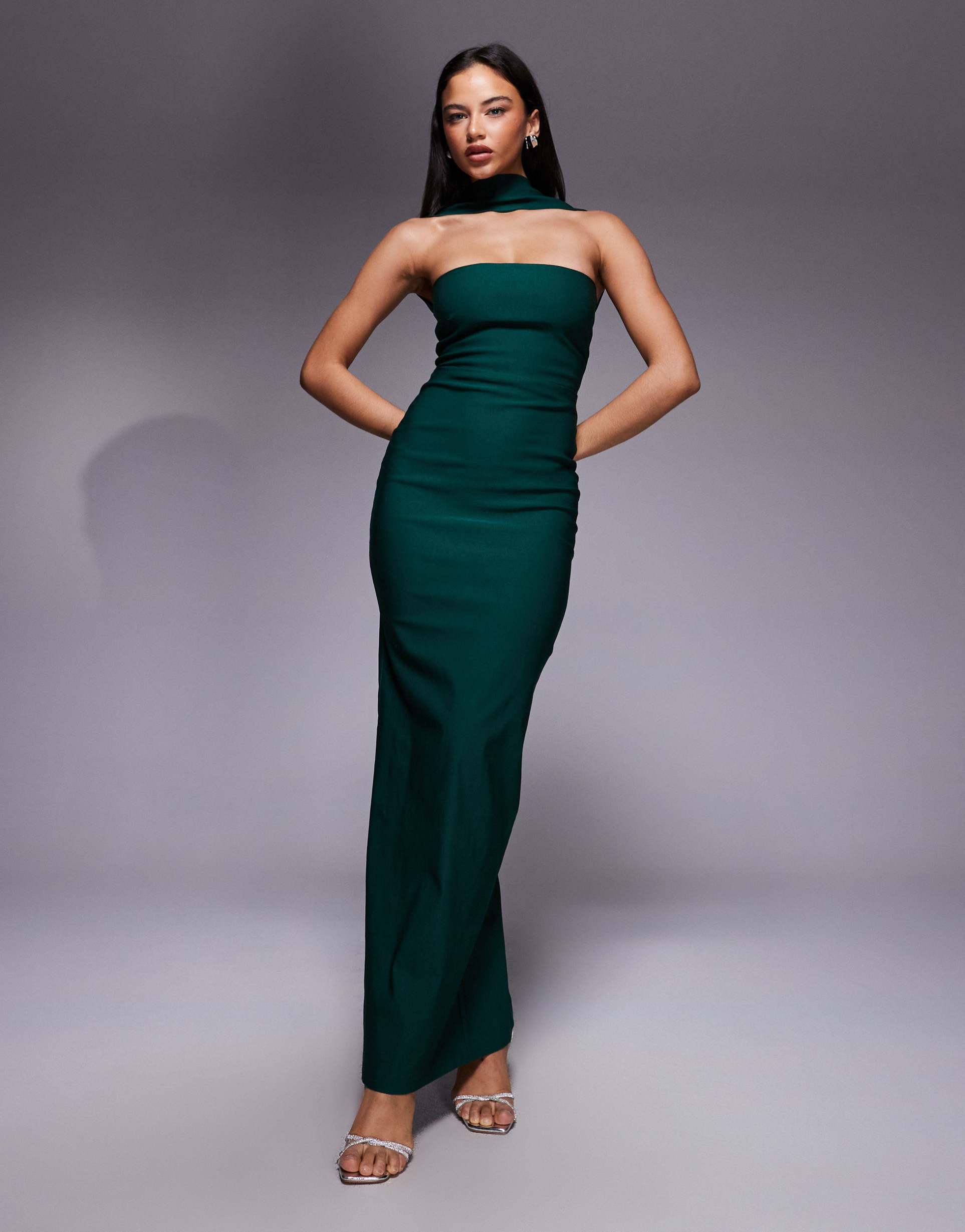 vesper bengaline bandeau choker detail back button detailing maxi dress in forest green