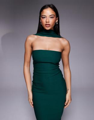 Vesper Bengaline Bandeau Choker Detail Back Button Detailing Maxi Dress In Green