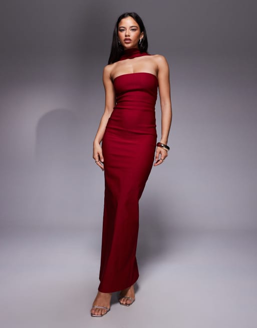 Vesper bengaline bandeau choker detail back trim maxi dress in wine