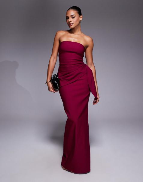 Vesper bengaline bandeau drape front detail maxi dress in berry