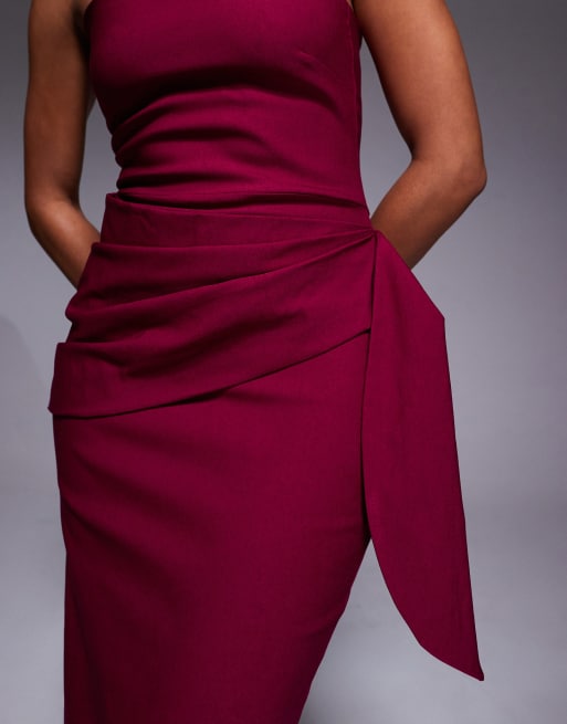 Vesper bengaline bandeau drape front detail maxi dress in berry