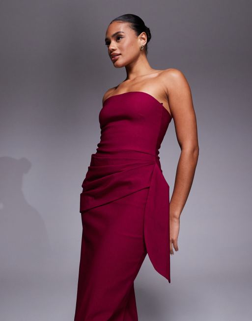 Vesper bengaline bandeau drape front detail maxi dress in berry