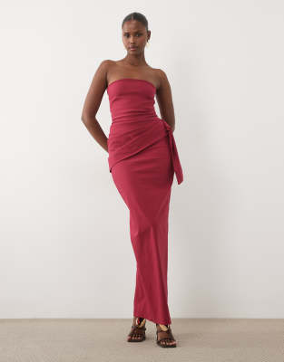 Vesper Bengaline Bandeau Drape Front Detail Maxi Dress In Red