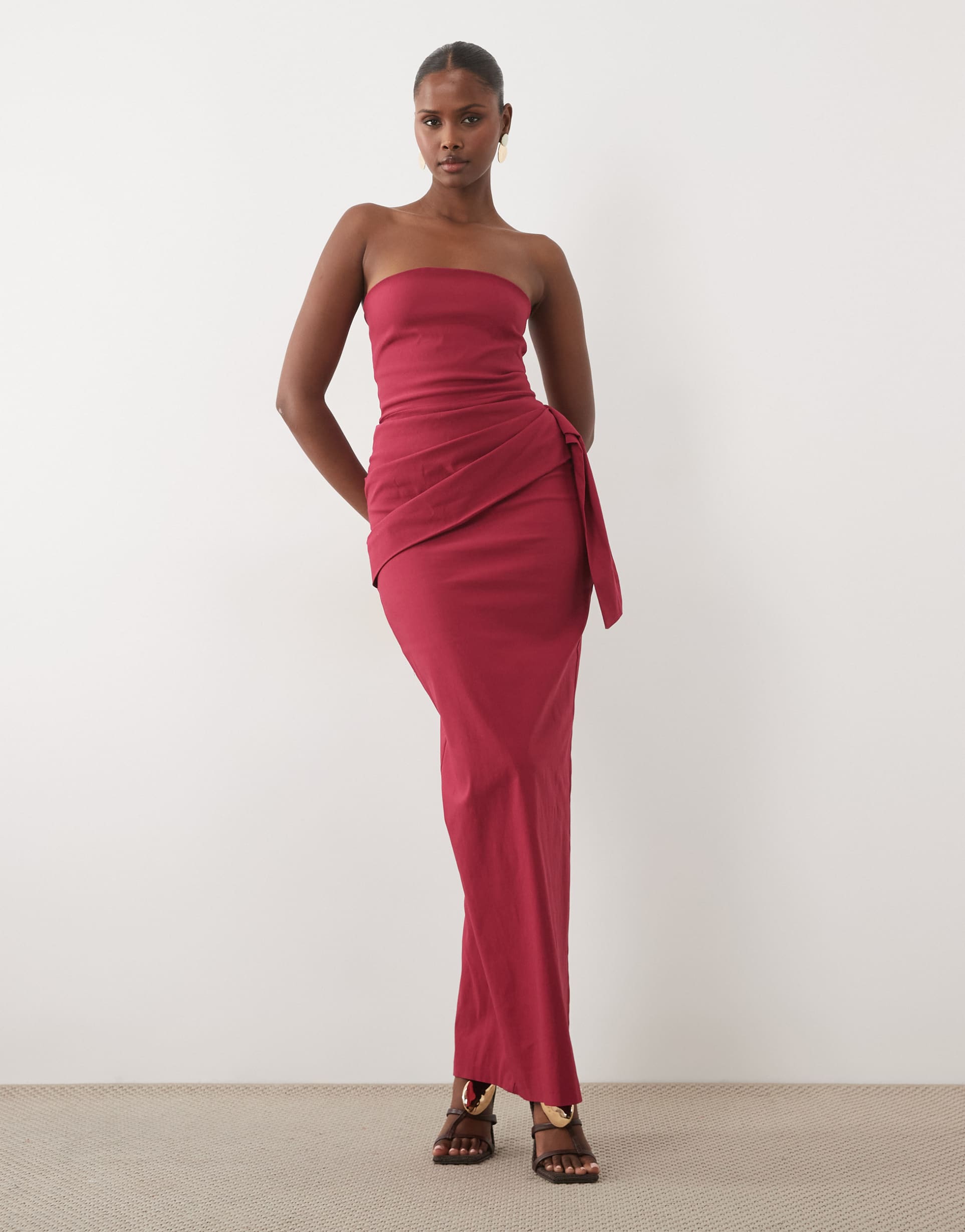 vesper bengaline bandeau drape front detail maxi dress in berry