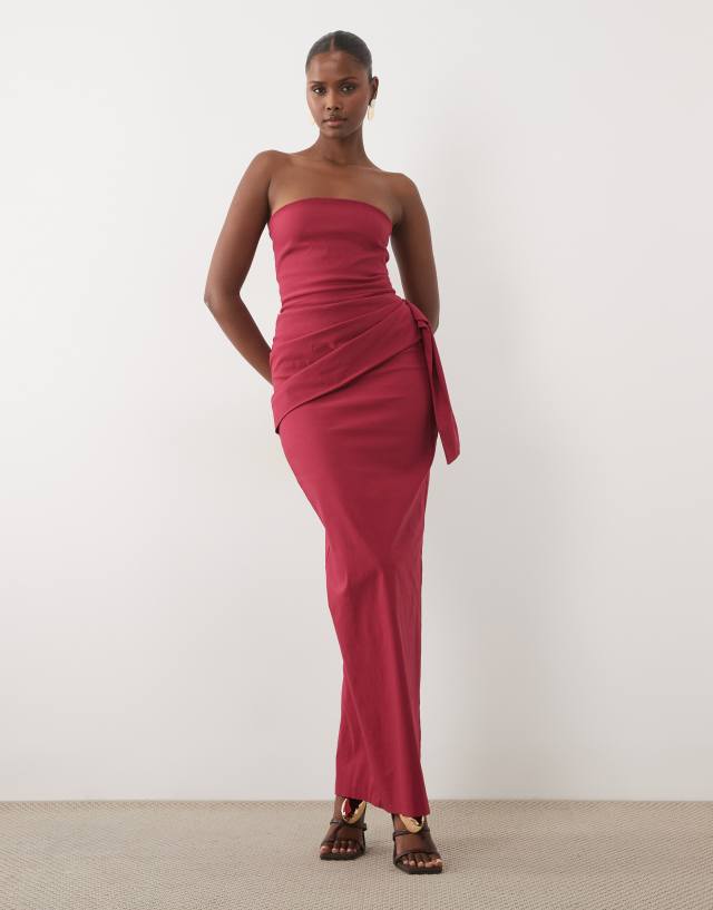 Vesper bengaline Bandeau Drape Front detail Maxi Dress in berry-pink
