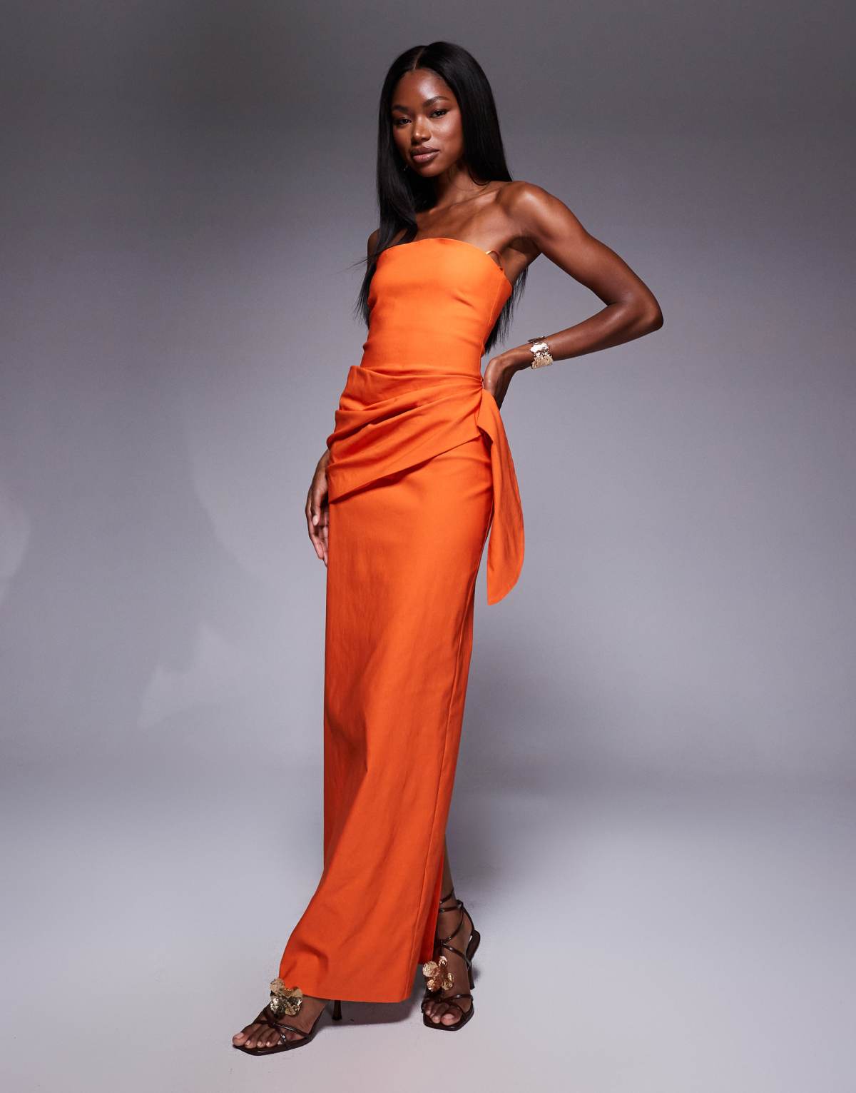 Vesper bengaline bandeau drape front detail maxi dress in orange