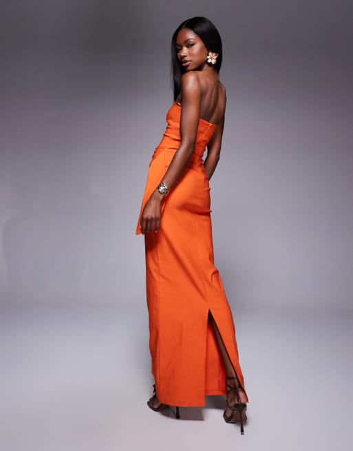Vesper bengaline bandeau drape front detail maxi dress in orange