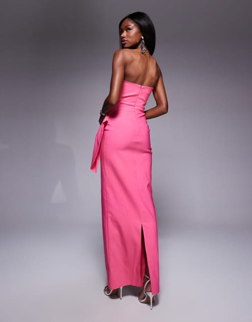 Vesper bengaline bandeau drape front detail maxi dress in pink