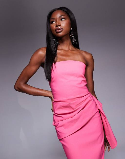 Vesper bengaline bandeau drape front detail maxi dress in pink