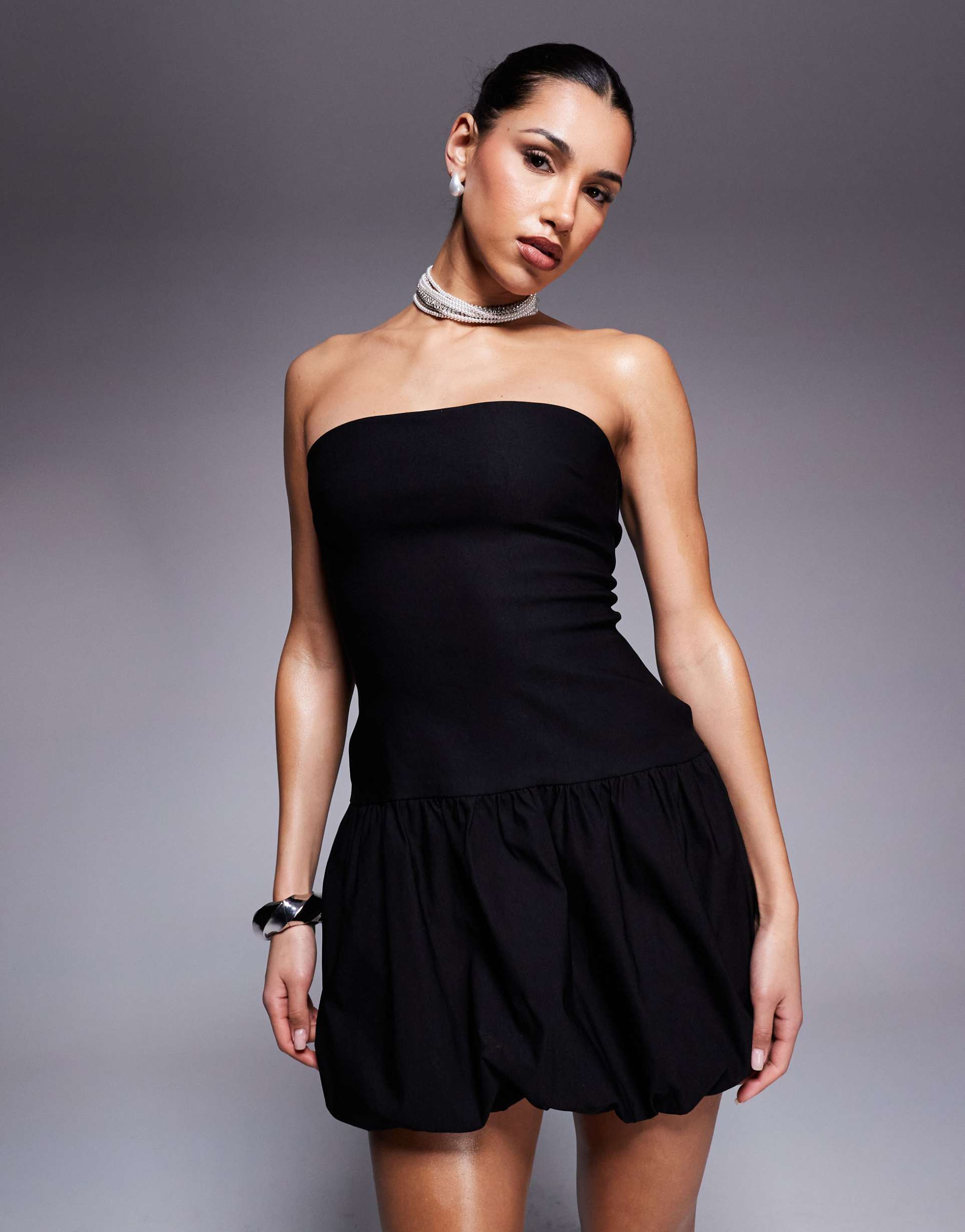 vesper bengaline bandeau dropped waist bubble hem mini dress in black