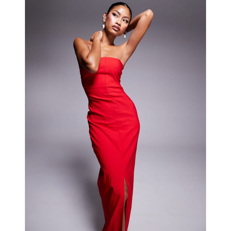 red bandeau dress Vesper bengaline bandeau maxi dress with front split in red