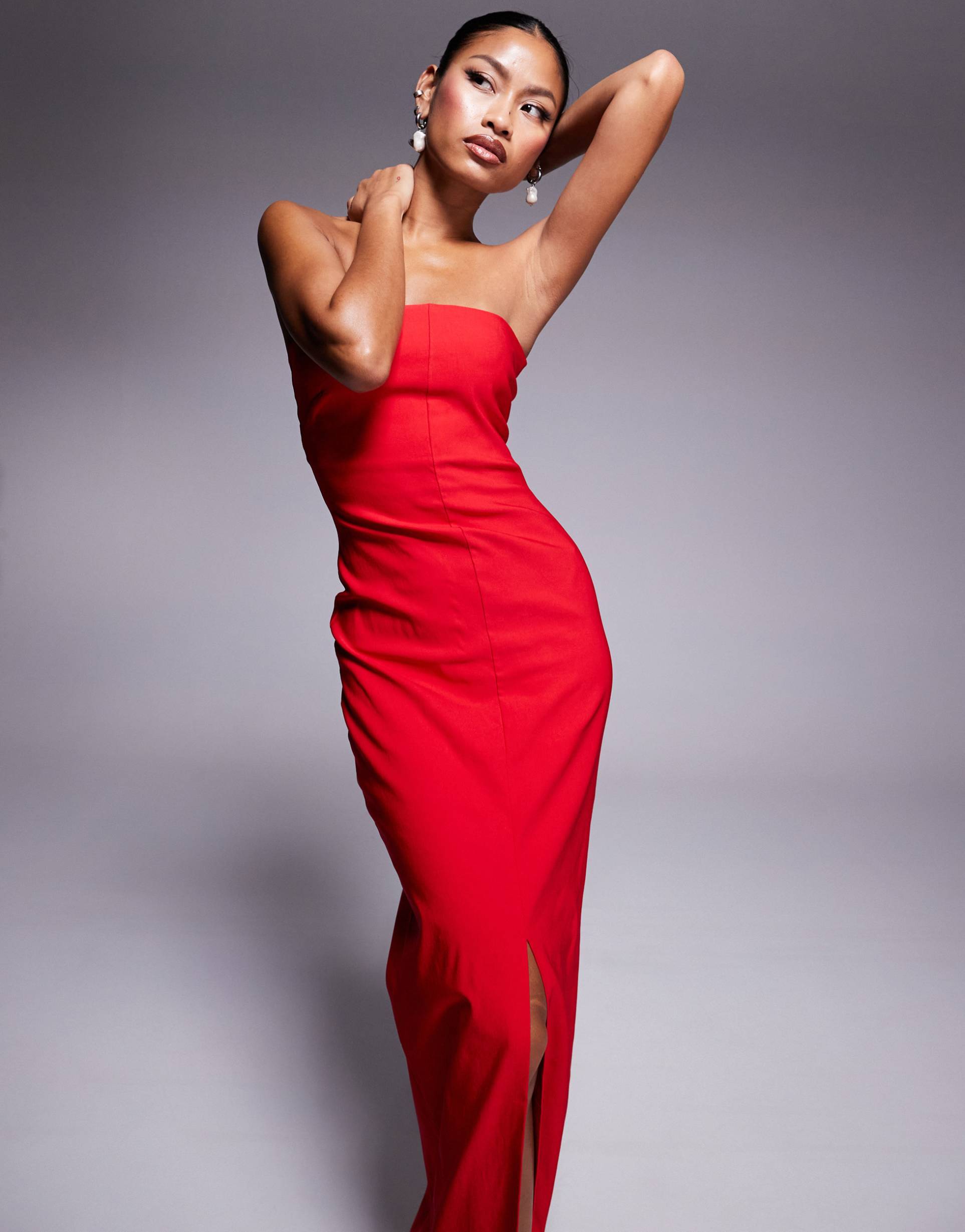 vesper bengaline bandeau maxi dress with front split in red