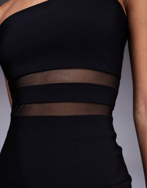 Vesper bengaline bandeau mesh panel detail maxi dress in black, 3 of 4