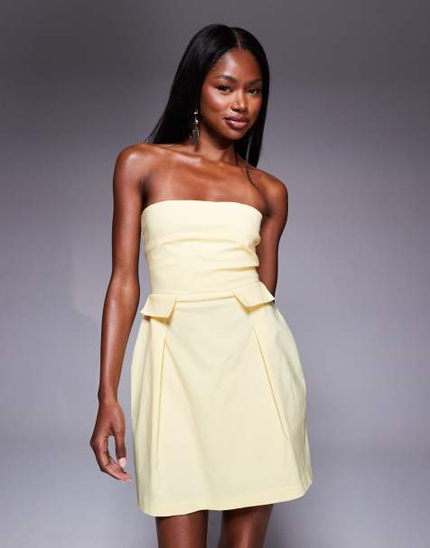 Vesper bengaline bandeau pleat front pocket detail mini dress in yellow - view 1